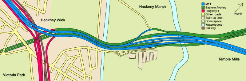 Plan-accurate drawing of the complex double-deck layout and braided interchange planned between Hackney and Temple Mills. Click to enlarge