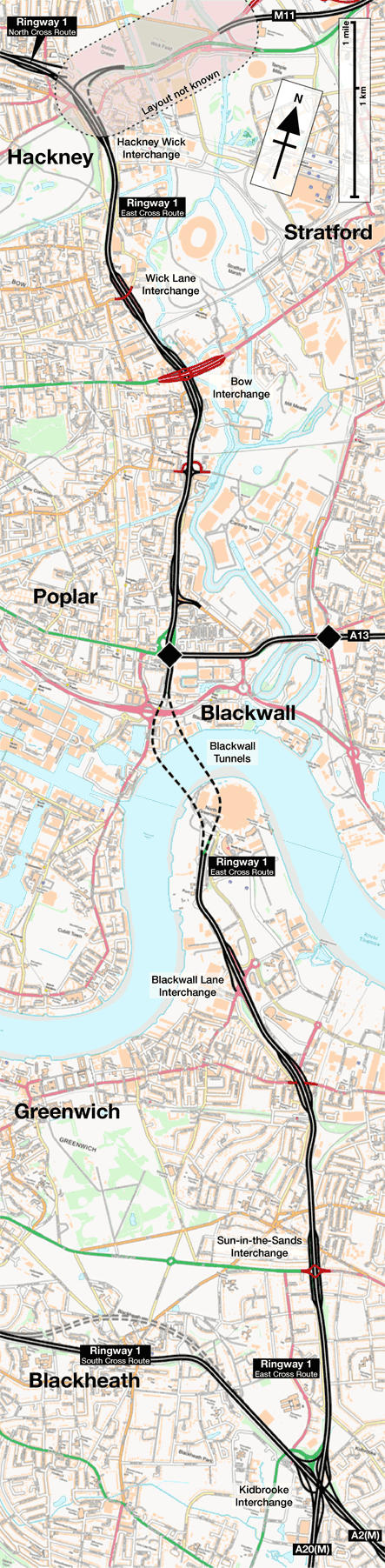 Ringway 1 East Cross Route map