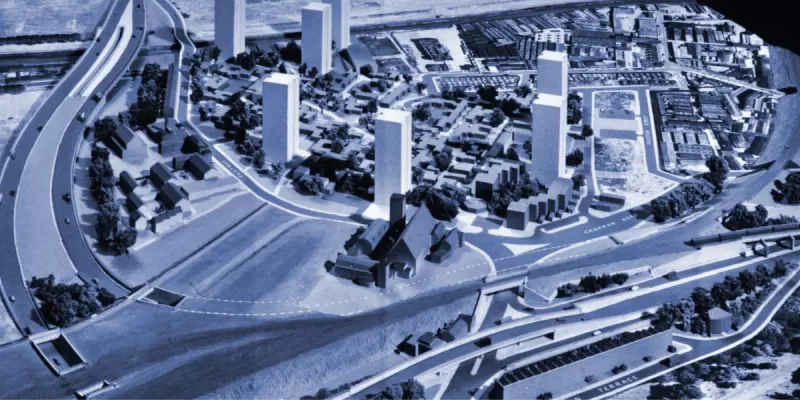 An architectural model of the first phase of Hackney Wick Interchange. The road leading away to the top left has provision for Eastern Avenue Extension and space for the M11 to be built above on an upper deck. Click to enlarge