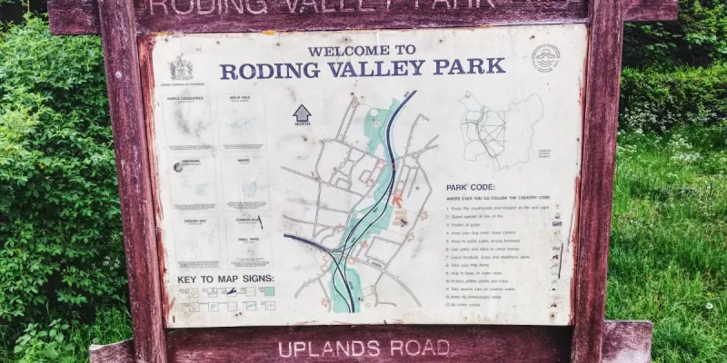 A map of Roding Valley Park, which is threaded through the incomplete Woodford Interchange. Click to enlarge