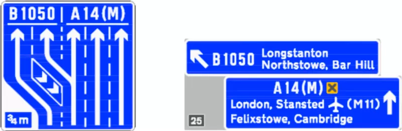 Examples of blue signs for the A14(M), produced by Highways England to illustrate the proposal