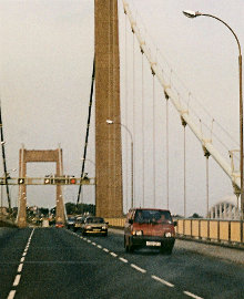 The Tamar Bridge in 1992, with working lane indication signs