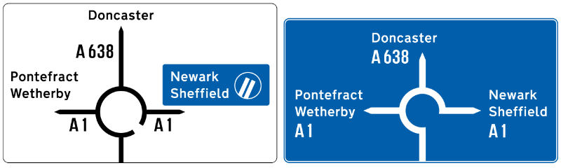 Trial Anderson direction signs (left) clearly indicated which roads were motorways, but the final designs (right) did not, requiring a bracketed M. Click to enlarge
