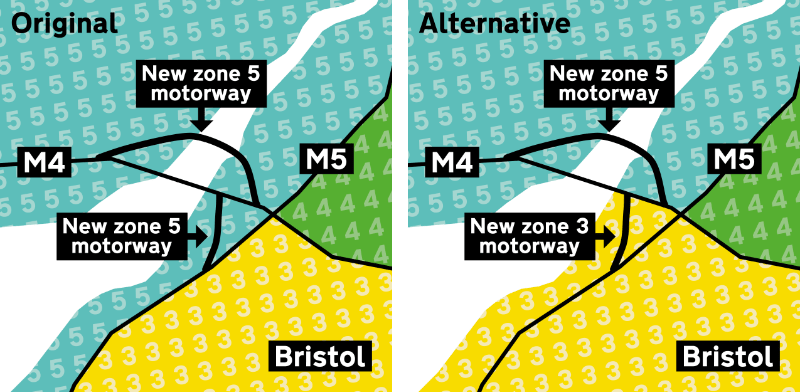 Two motorways near Bristol requiring new numbers in 1996, seen against the two alternative motorway zoning systems. Click to enlarge
