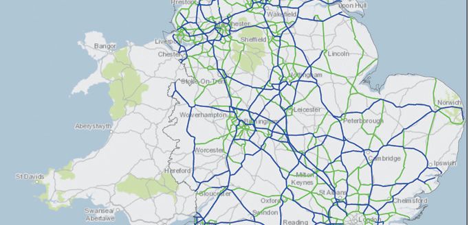 The existing trunk network (blue) with the Rees Jeffreys Road Fund's proposed MRN superimposed (green). The similarity with the map of detrunked roads above is striking. Click to enlarge