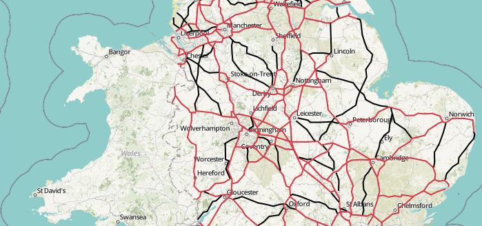 The present trunk road network (red) with some of the roads detrunked in the early 2000s (black). Click to enlarge