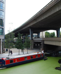 Westway crosses the canal at Paddington Basin. Click to enlarge