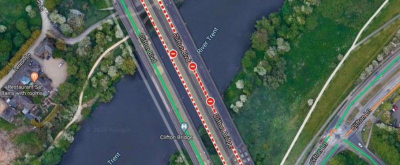 The A52 Clifton Bridge from above, as shown on Google Maps during the closure