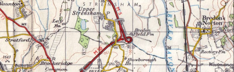 A 1962 Ordnance Survey map, showing the incomplete junction at Strensham and the unusual loop. Click to enlarge