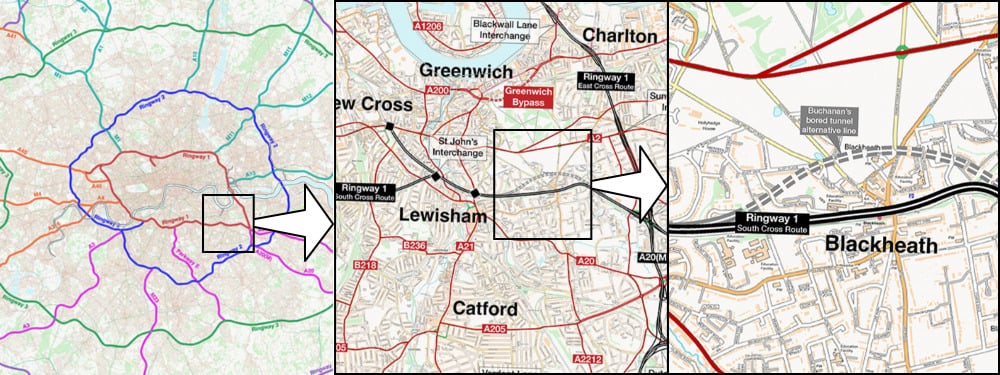 Three different zoom levels with different levels of detail