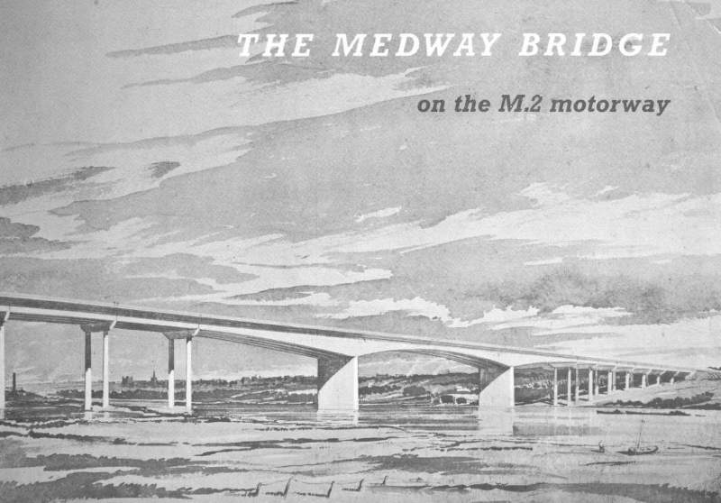 Front cover of a booklet with the title "The Medway Bridge on the M2 Motorway". The cover is a painted artist's impression of the bridge crossing the river with dramatic clouds in the sky