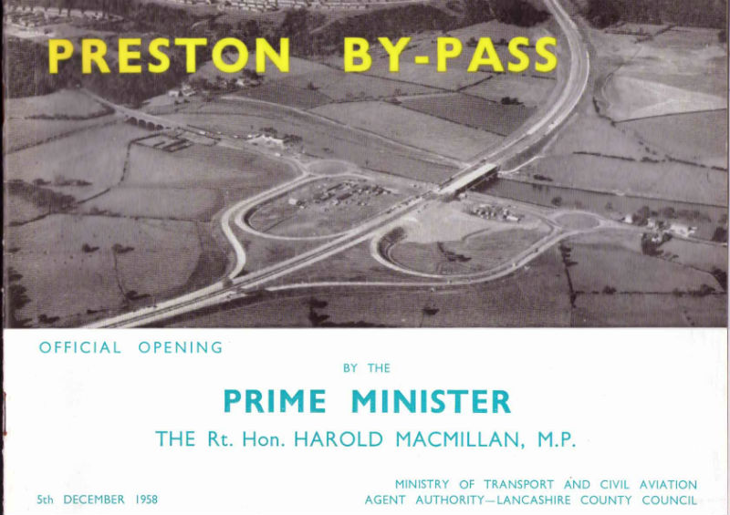 Front cover of a booklet with the title "Preston By-Pass" and a black and white aerial photograph of Samlesbury Interchange