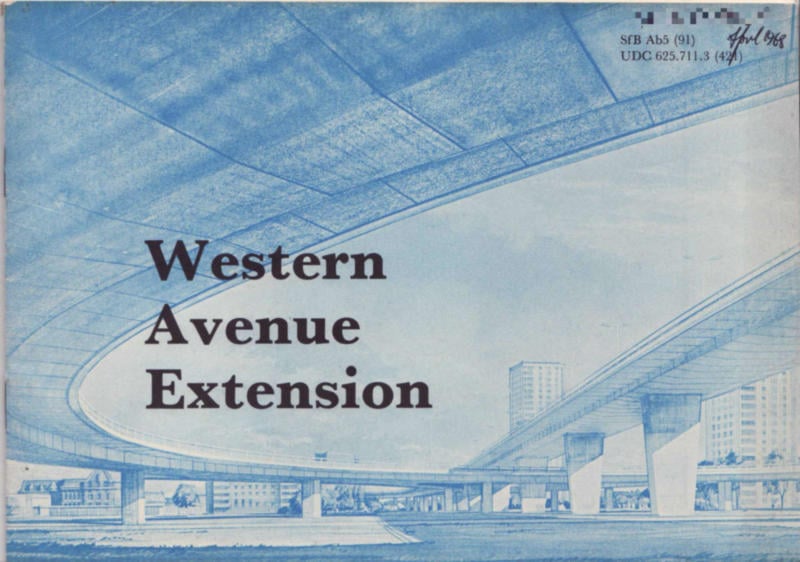 Front cover of a booklet with the title "Western Avenue Extension". A blue-shaded artist's impression of a motorway junction shows multiple elevated roads crossing each other and modernist tower blocks in the distance