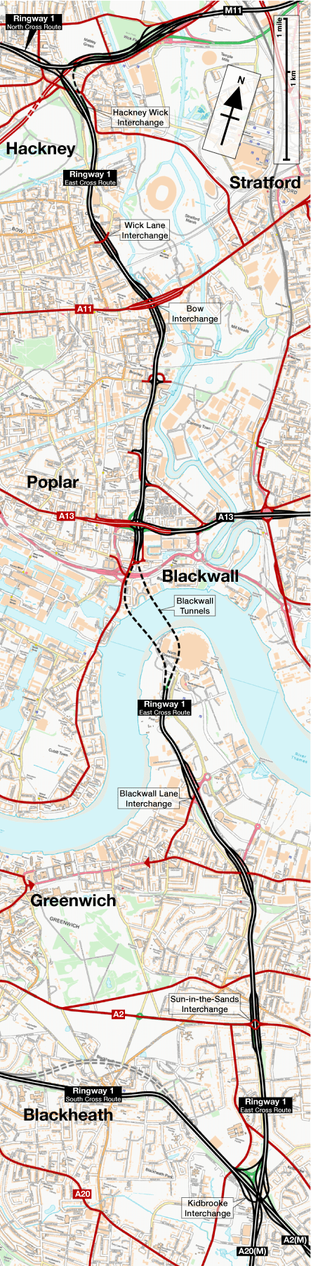 Ringway 1 East Cross Route map