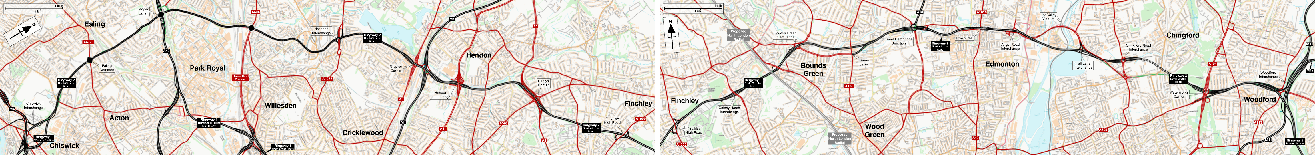 Map showing the route of Ringway 2 North Circular Road
