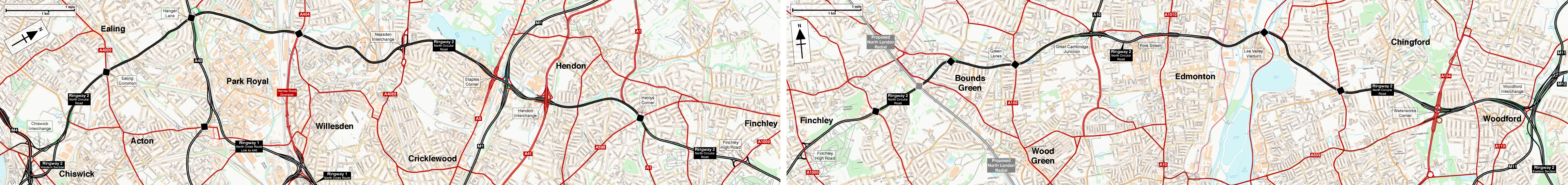 Map showing the route of Ringway 2 North Circular Road
