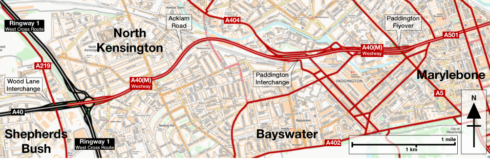 Map of the A40(M) Westway