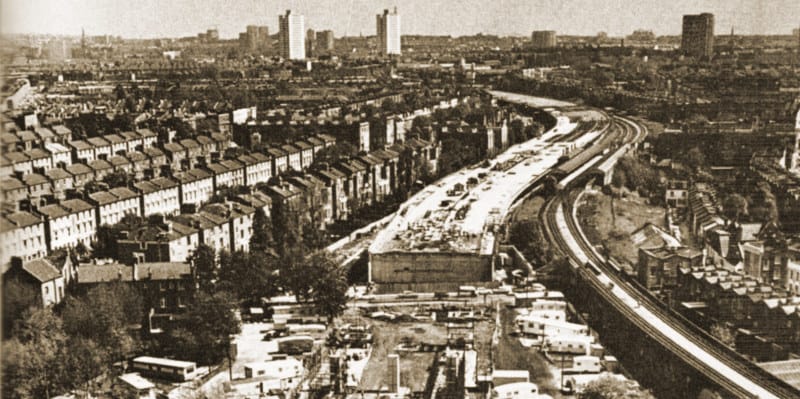 The Westway under construction alongside Ladbroke Grove station. Click to enlarge