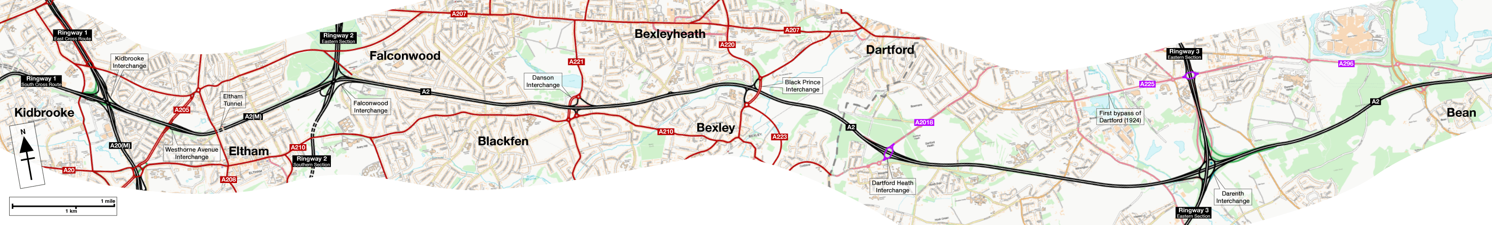 Route of the A2 and A2(M)