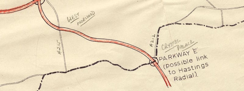 A 1963 London County Council document sketching early ideas for an urban motorway network, including Parkway E to the 'Hastings Radial'. Click to enlarge