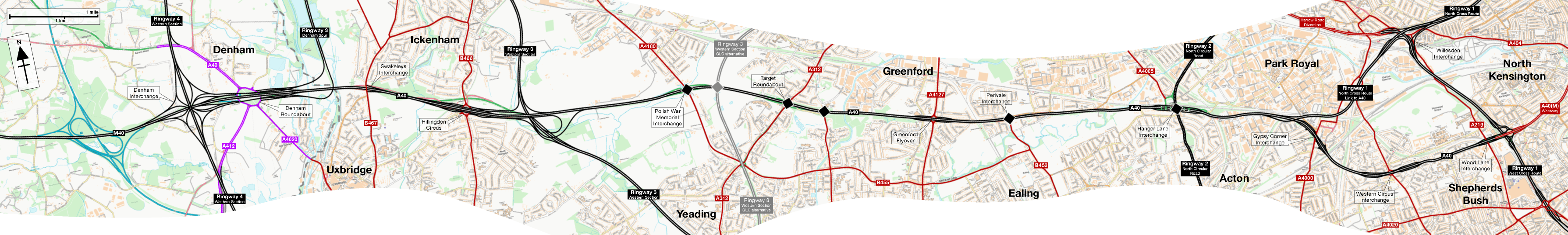 Map of the M40 and A40