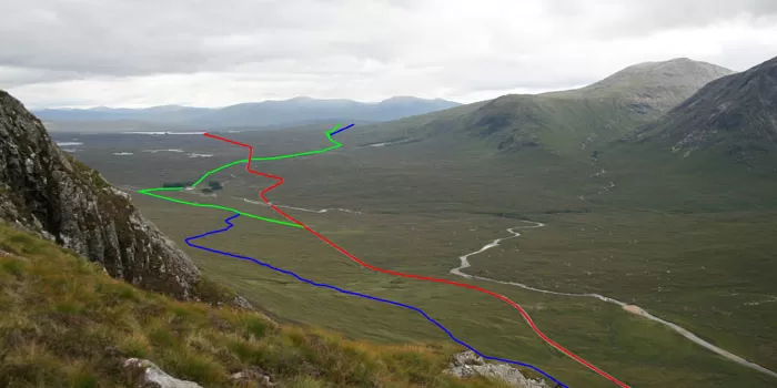 The Military Road (blue) runs higher up the hillside than the other routes. Click to enlarge
