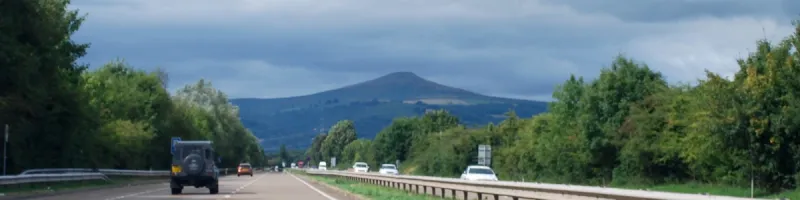 Sugar Loaf dominates the view ahead on the long, straight approach to Abergavenny. Click to enlarge