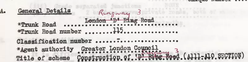 The "D" Ring Road becomes Ringway 3 in a handwritten correction to MOT paperwork. Click to enlarge