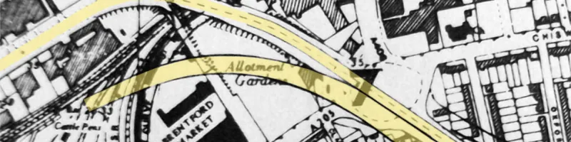 A rare GLC plan shows the westbound M4 veering off towards the railway through Brentford (highlighted in yellow for clarity). Click to enlarge