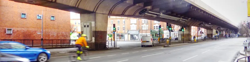 The A4 Hammersmith Flyover, opened in 1961, spanning the town centre. Click to enlarge