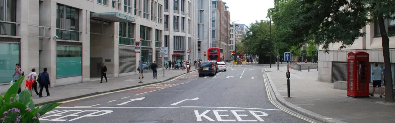 Newgate Street, with St Paul's to our left. Straight ahead is signposted for "West End", and disappointingly not "Fishguard". Click to enlarge