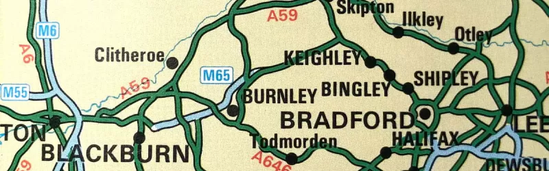 The road to nowhere: the M65 in splendid isolation on a 1988 AA route planner. Click to enlarge