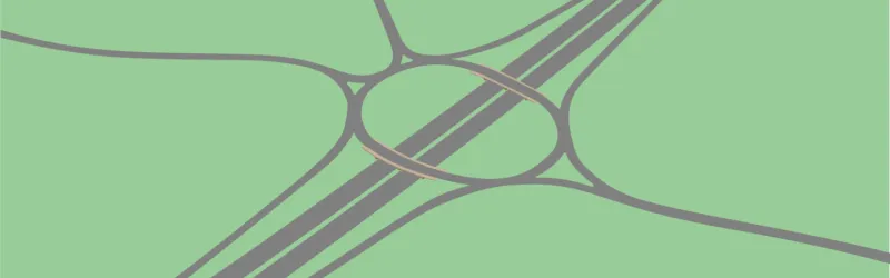 Drawing of a roundabout interchange, based on Whitley Bridge Interchange at M62 J34. Click to enlarge