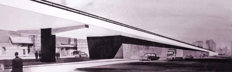 An alternative design for the Western Circus flyover, looking east towards its long ramp down to ground level. Click to enlarge