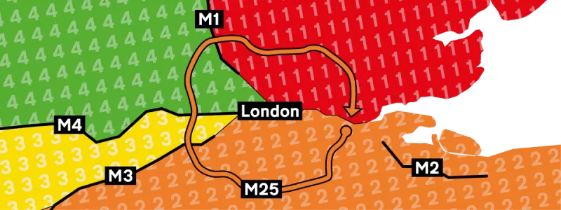 The M25 is a 2-zone motorway despite its journey through the other zones. Click to enlarge
