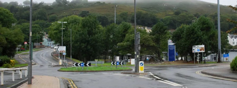 The roundabout at Parrog, with the ferry terminal to the right. The A40 finishes in the foreground. Click to enlarge