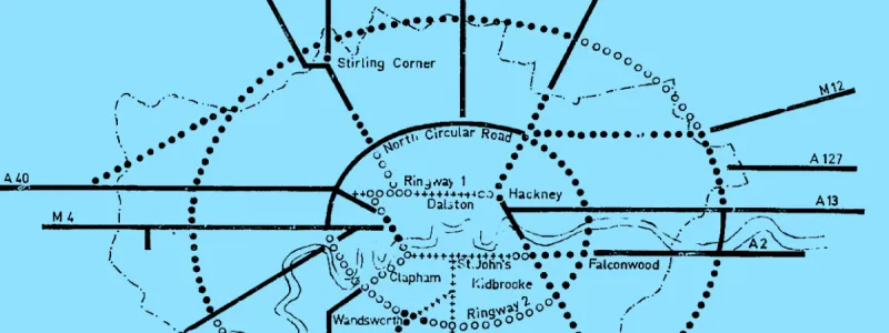 A high-level plan of the Ringways network, typical of the ones drawn up in the 1960s. Click to enlarge
