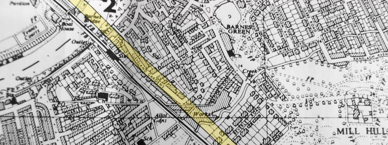 A July 1969 GLC plan, taken from a route study, showing the safeguarded (but secret) line of Ringway 2 through Barnes, highlighted in yellow for clarity. Click to enlarge