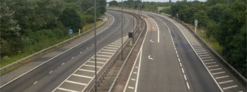 The M4 abruptly narrows from a generous three lane motorway to a narrow two-lane viaduct at Boston Manor. This view, without the usual traffic jam, is only possible when the road is closed. Click to enlarge