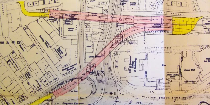 An early plan showing the two flyovers in red and the Queensway Tunnel approaches in grey. Click to enlarge