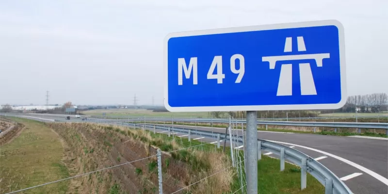 An M49 start of restrictions sign, the unicorn of the UK motorway network. Click to enlarge