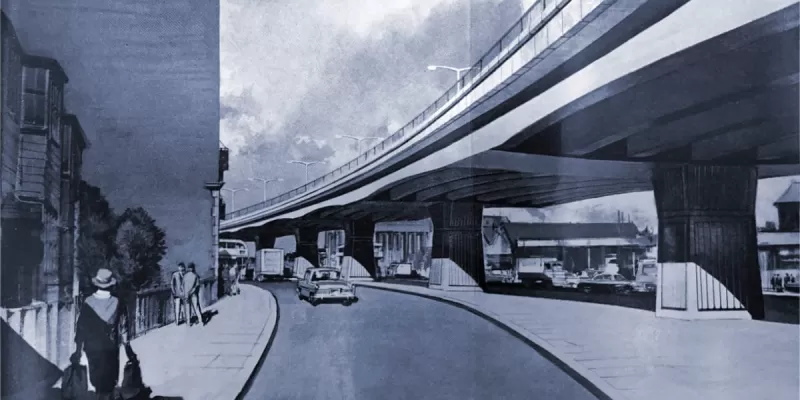 An artist's impression of the Western Circus flyover, with sliproads at ground level underneath. Click to enlarge