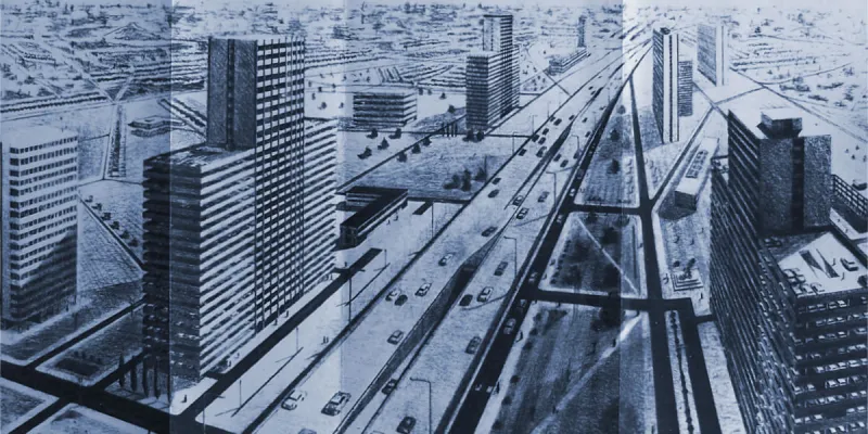 Artist's impression of the Centre Slot Flyover, shown in a futuristic utopia of concrete office towers. Click to enlarge