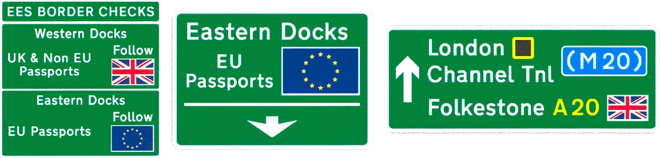 Drawing of three green direction signs, each of which bears a Union Jack, EU flag or both. The left sign is titled "EES BORDER CHECKS" and explains "UK & non-EU passports" should follow the Union Jack while "EU Passports" should follow the EU flag.