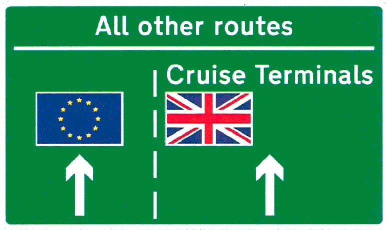 Drawing of a road sign titled "all other routes", showing an EU flag against the left lane and "Cruise Terminals" plus a UK flag against the right