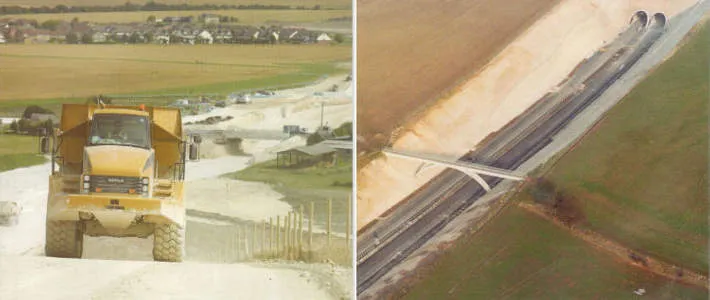 Two photographs side by side showing a large earthmover moving along an unfinished road bed, and an aerial photograph of a road being built through a deep cutting