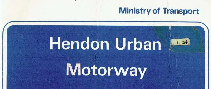 Graphic designed to look like a motorway sign that reads "Hendon Urban Motorway"