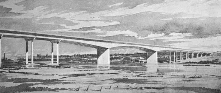 Black and white artist's impression of the Medway Bridge in Kent