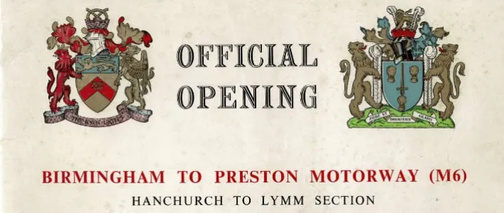 Extract from the cover of a booklet with two crests side by side, representing Staffordshire and Cheshire County Council, and the legend "OFFICIAL OPENING"