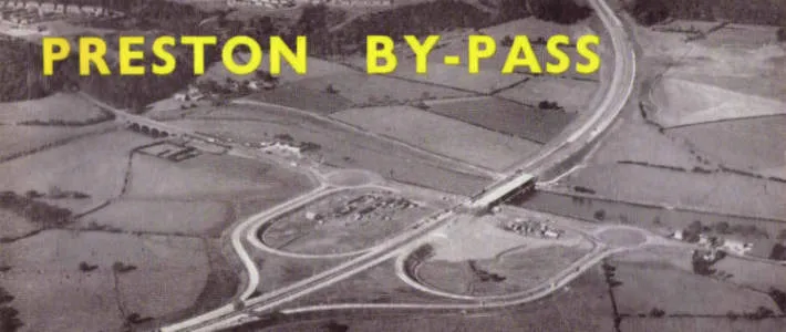 Photograph of Samlesbury Interchange seen from the air, with the text "Preston By-Pass" overlaid